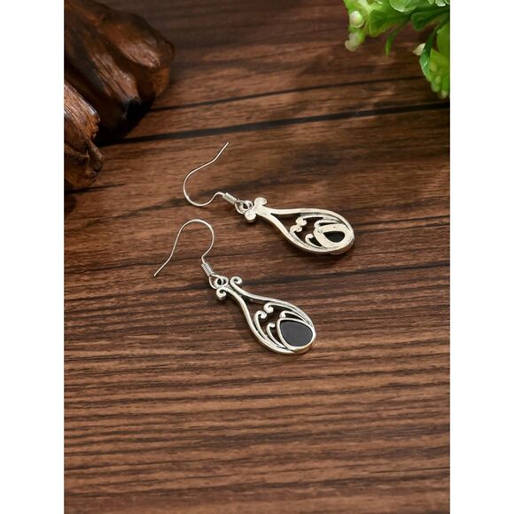 Silvertone Teardrop Dangle Earrings Filigree Black Lapis Inlay Drop French Wire - Picture 4 of 5